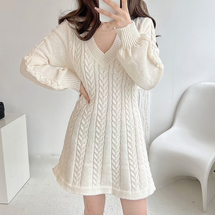 【dress】Vネック無地ニットワンピース　M17948