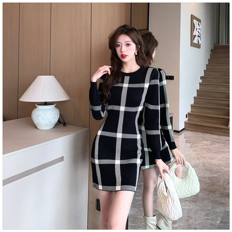 【dress】韓国系チェック柄ニットワンピース着瘦せ　M17626