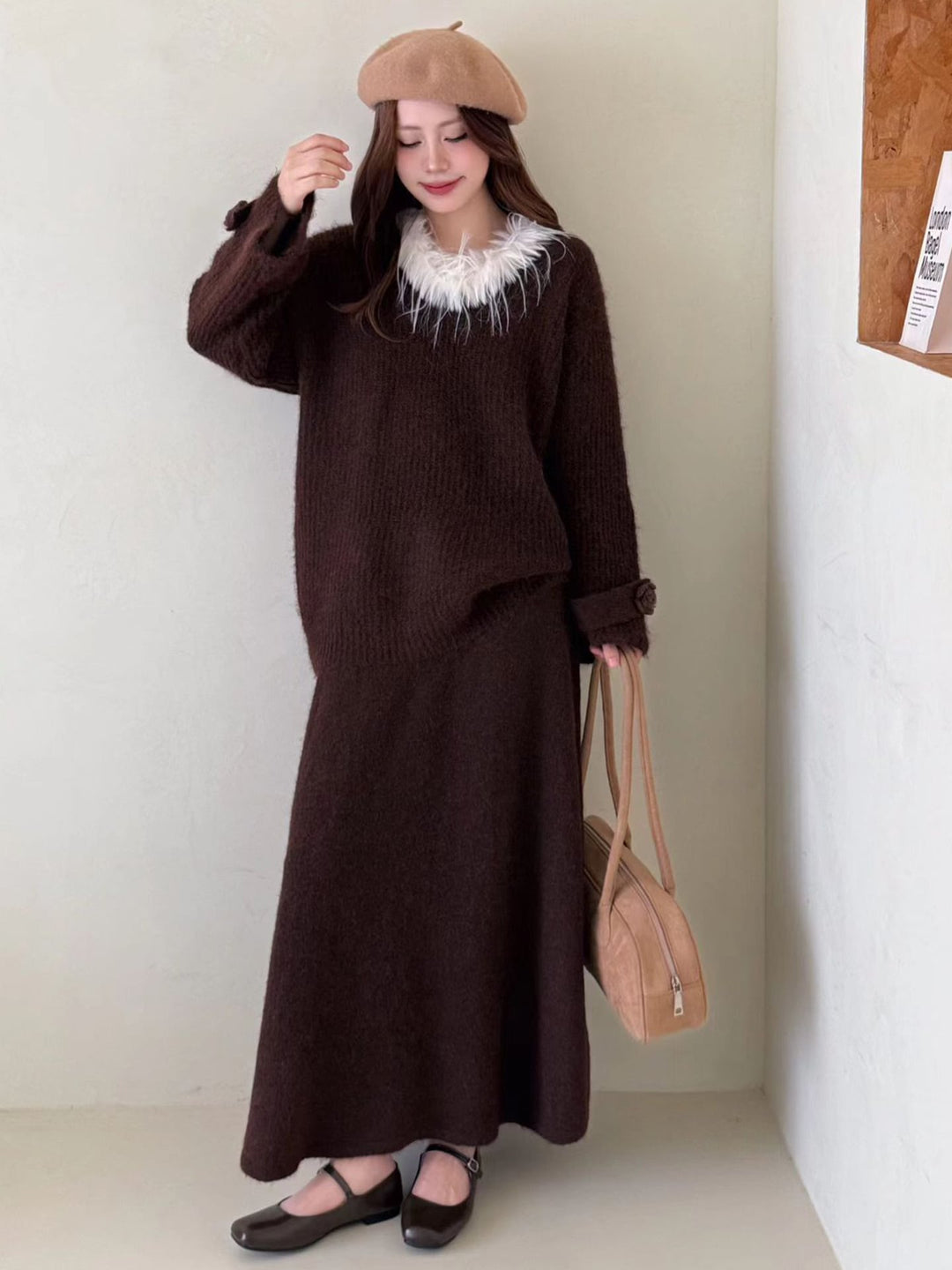【set】ファーネックニットトップス×ロングスカートセット Q6956