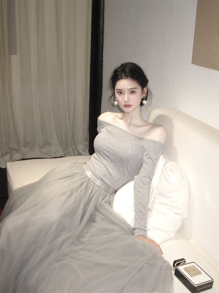 【dress】2WAYチュールドッキングロングワンピース　N3426