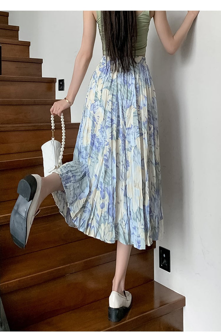 【bottoms】話題沸騰中 オシャレプリーツ花柄スカート　M17036