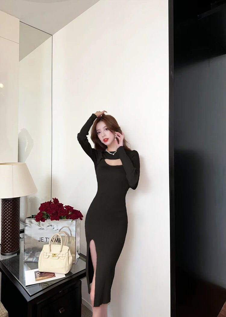 【dress】女性力を高める～スリットニットワンピース　M17630