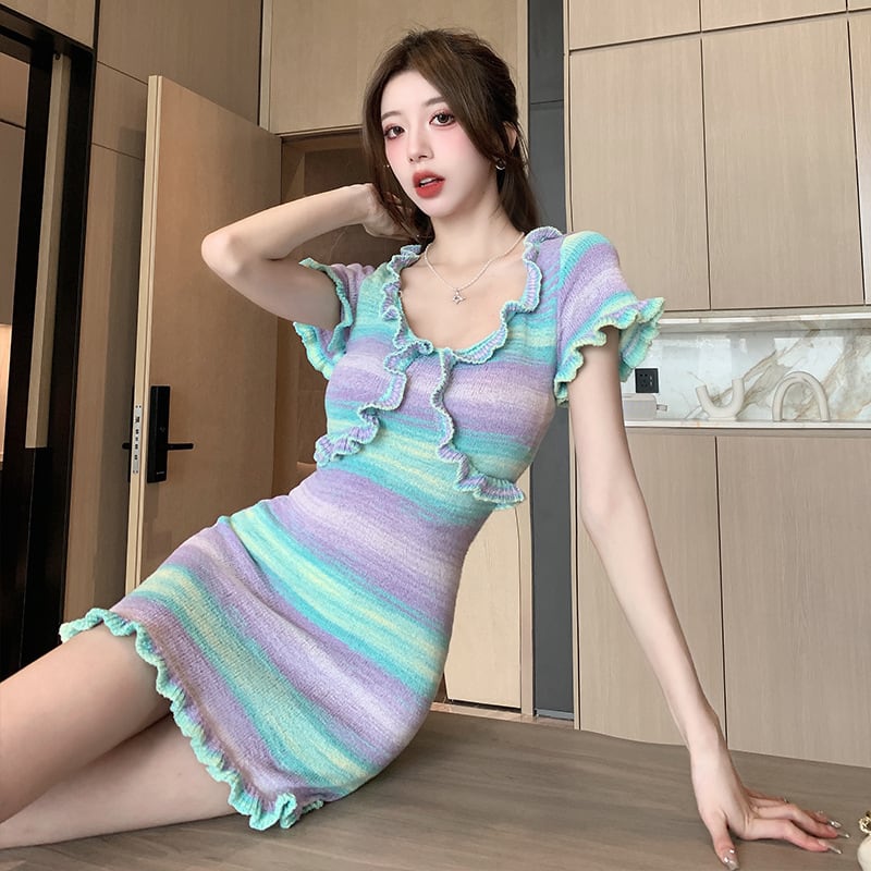 【dress】輝いて超人気 ! ボーダー柄配色ニットワンピース　M16766