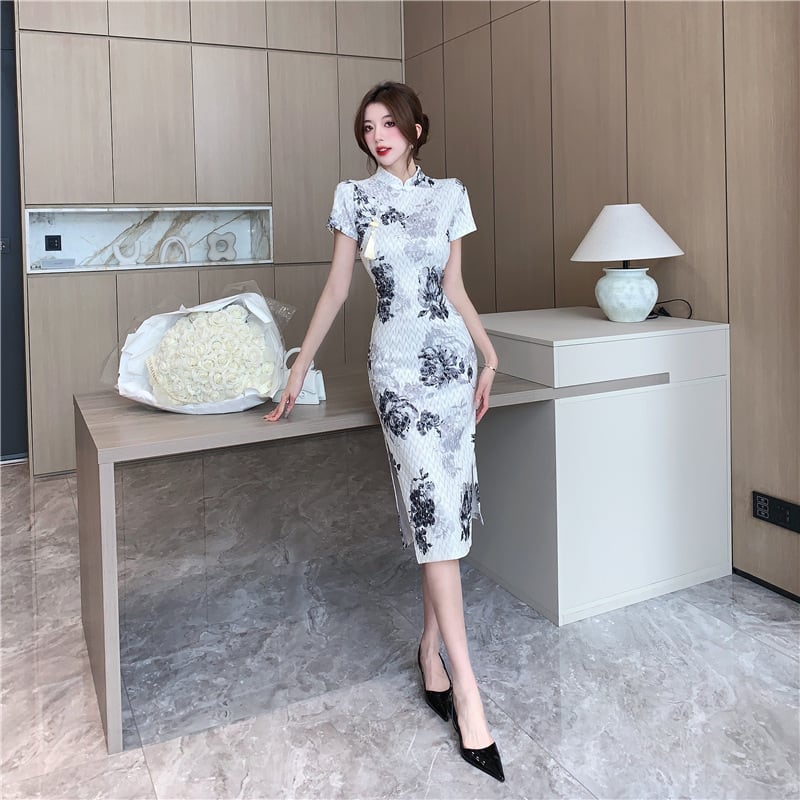 【dress】絶対流行エレガントスリットプリントワンピース　M16799