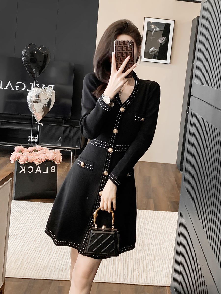 【dress】Vネックレトロニットワンピース　M17507