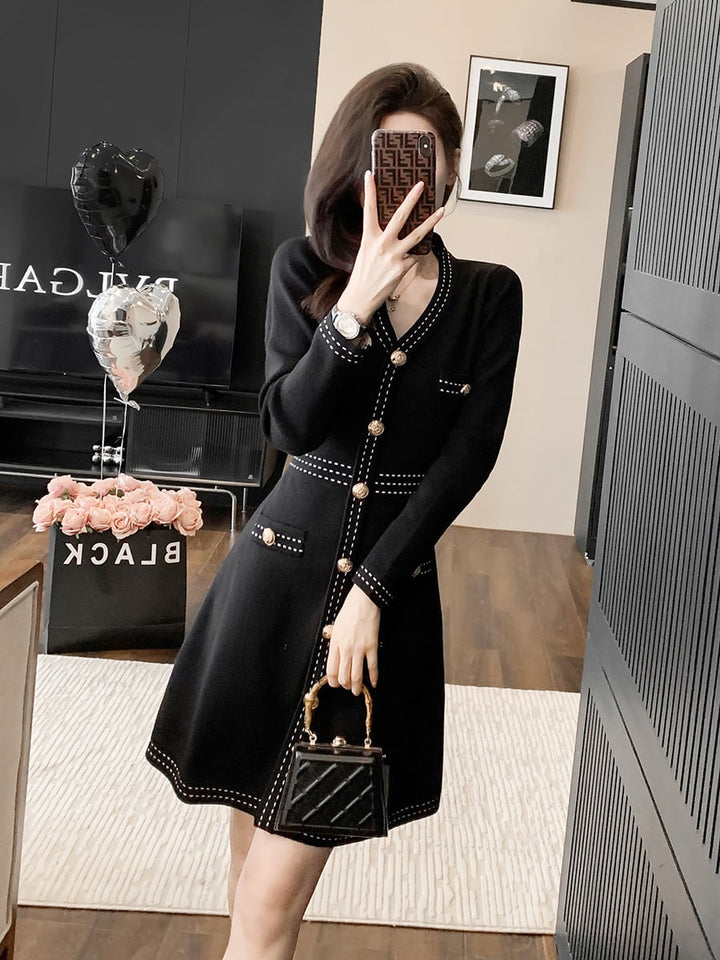 【dress】Vネックレトロニットワンピース　M17507