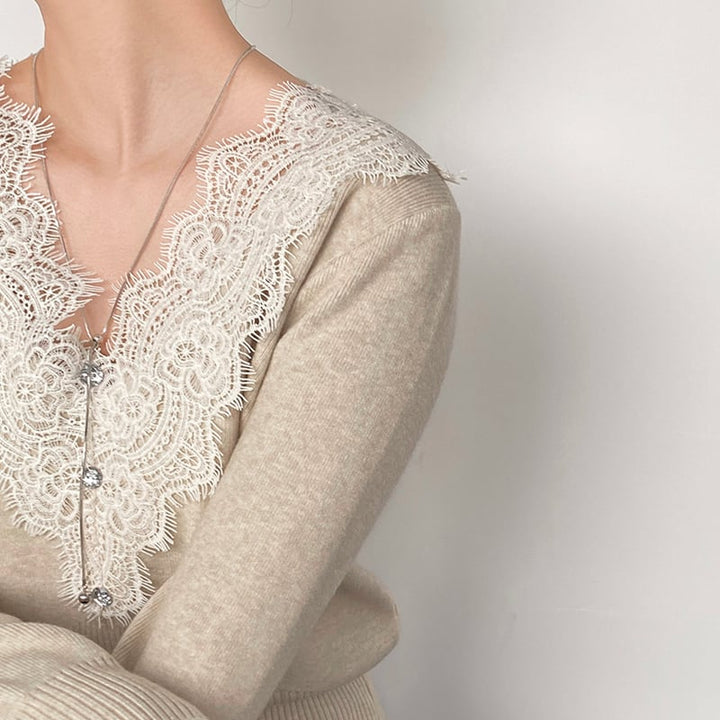 【tops】Vネックレースドッキングニットトップス Q7241