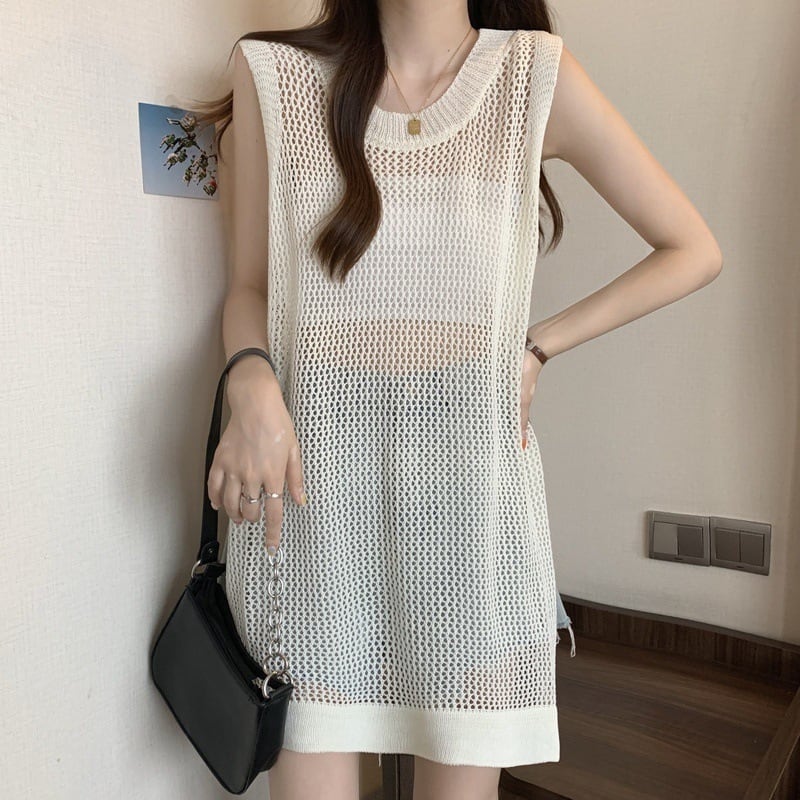 【tops】透け感ロングニットベスト Q8236