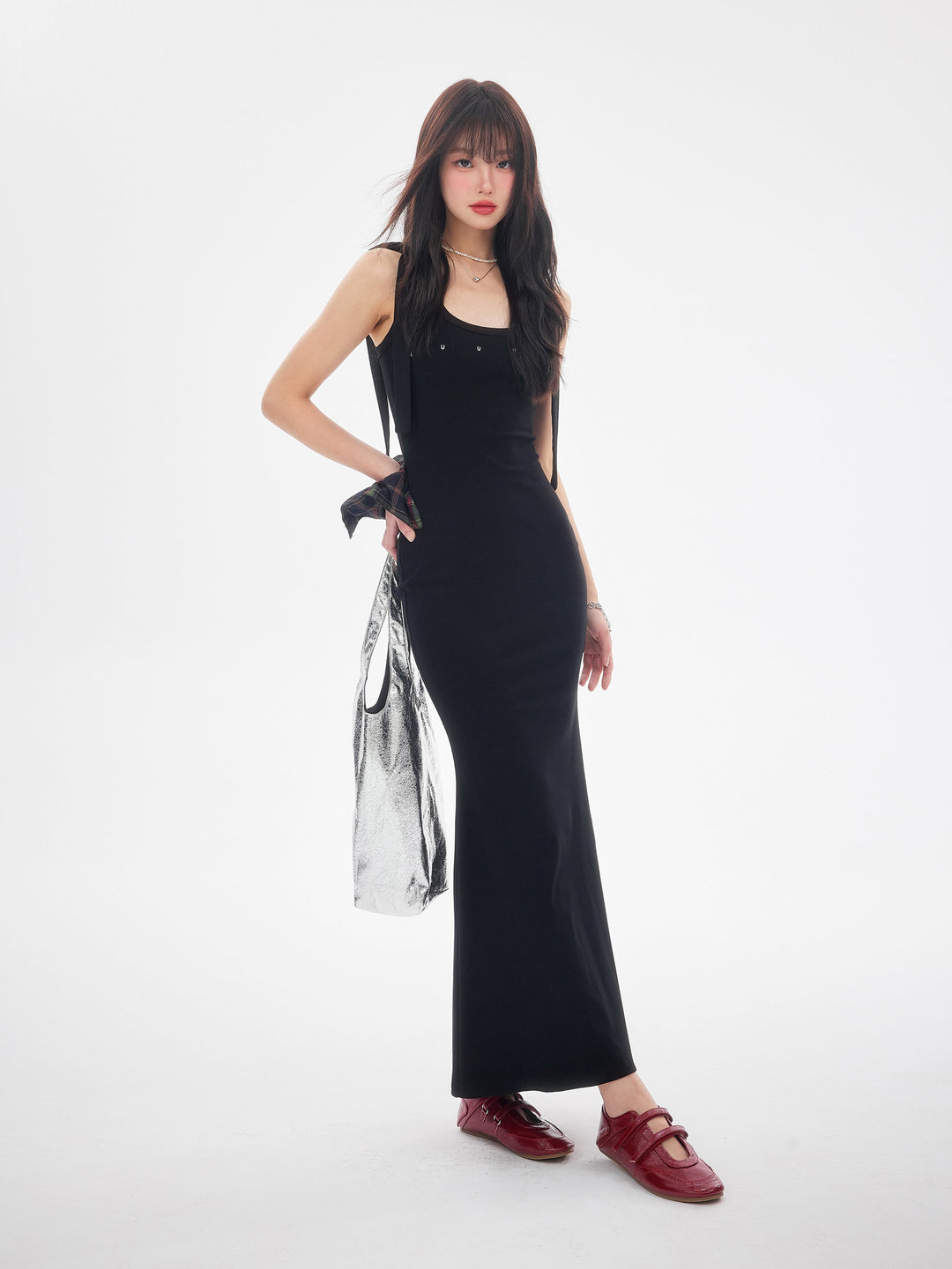 【dress】ショルダーリボンシェイプリブカットロングワンピース　N3520
