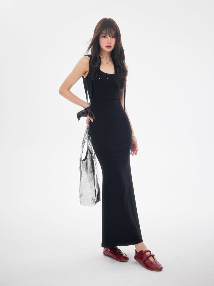 【dress】ショルダーリボンシェイプリブカットロングワンピース　N3520