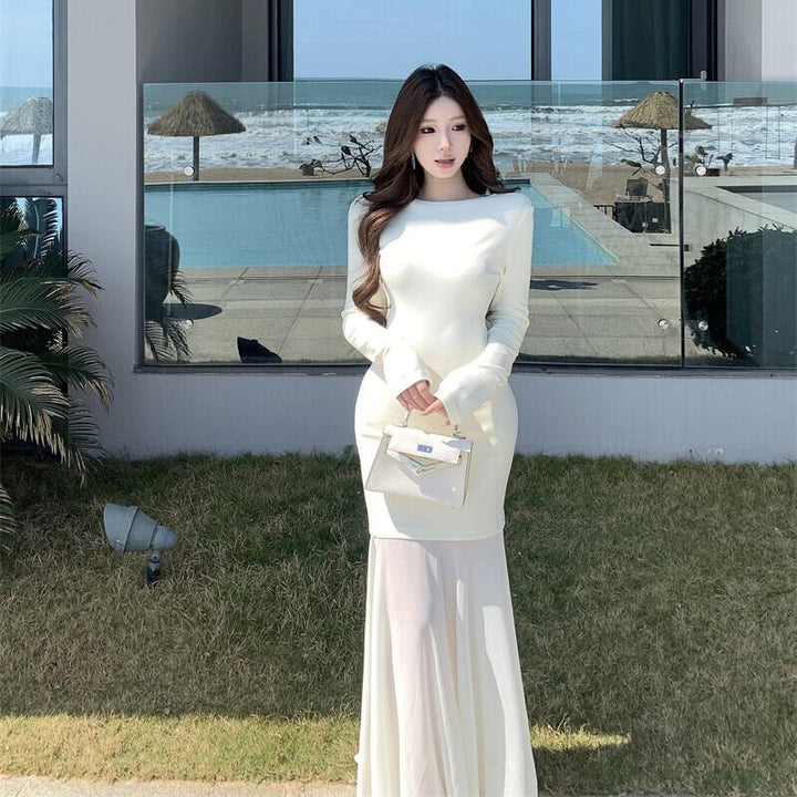 【dress】チュールコンビボートネックマーメイドワンピース　M29764