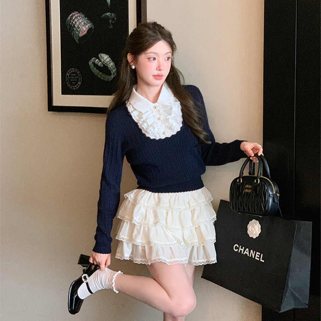 【tops】レースフリルドッキングニットトップス　N3362