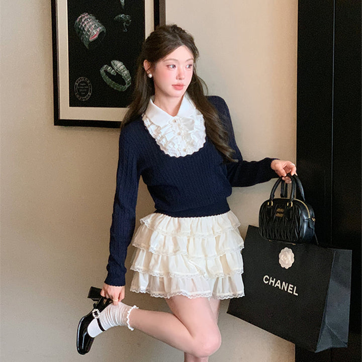 【tops】レースフリルドッキングニットトップス　N3362