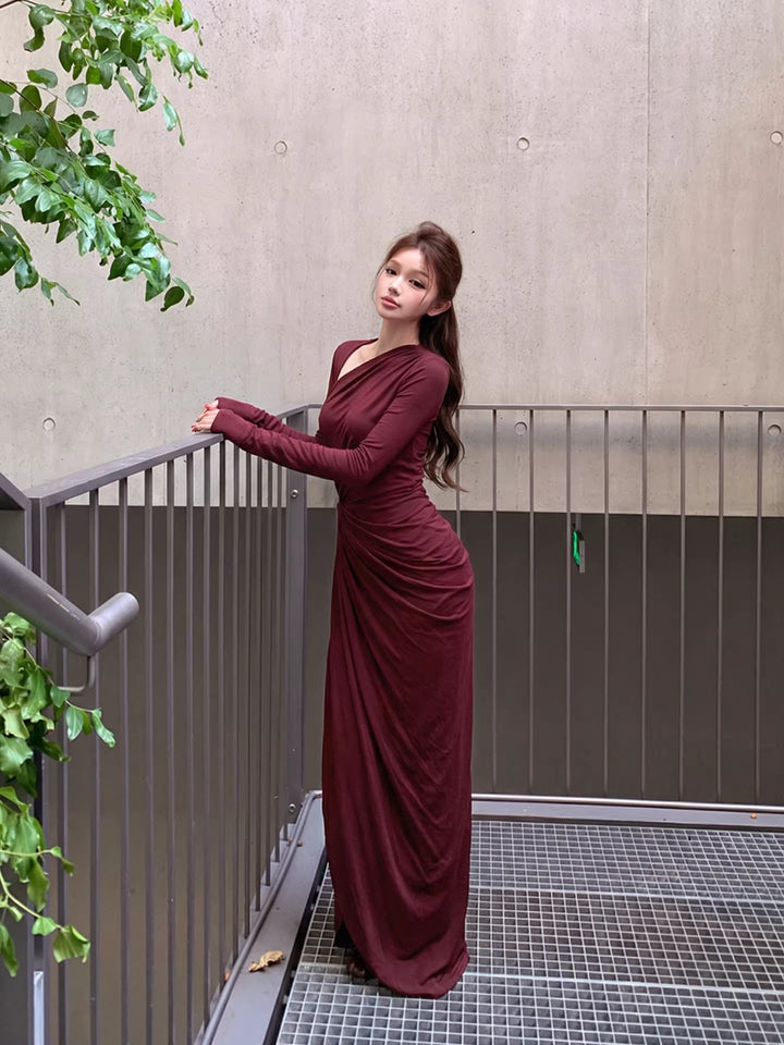 【dress】スリット入れギャザーデザインロングタイトワンピース Q8012