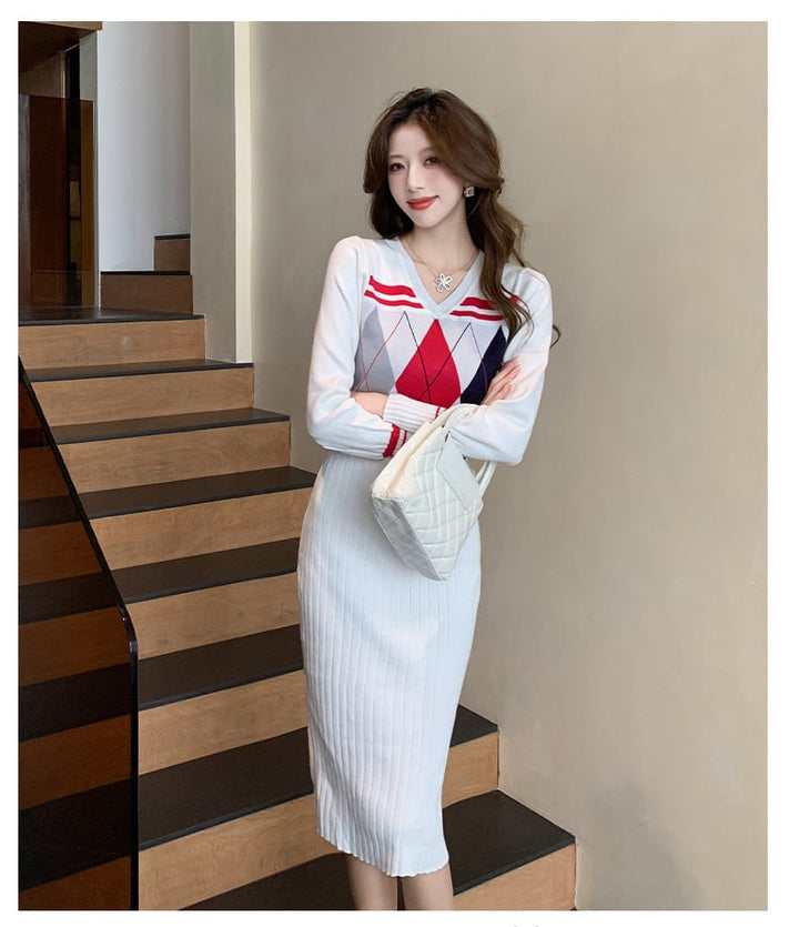 【dress】Vネックニットワンピース　M26546