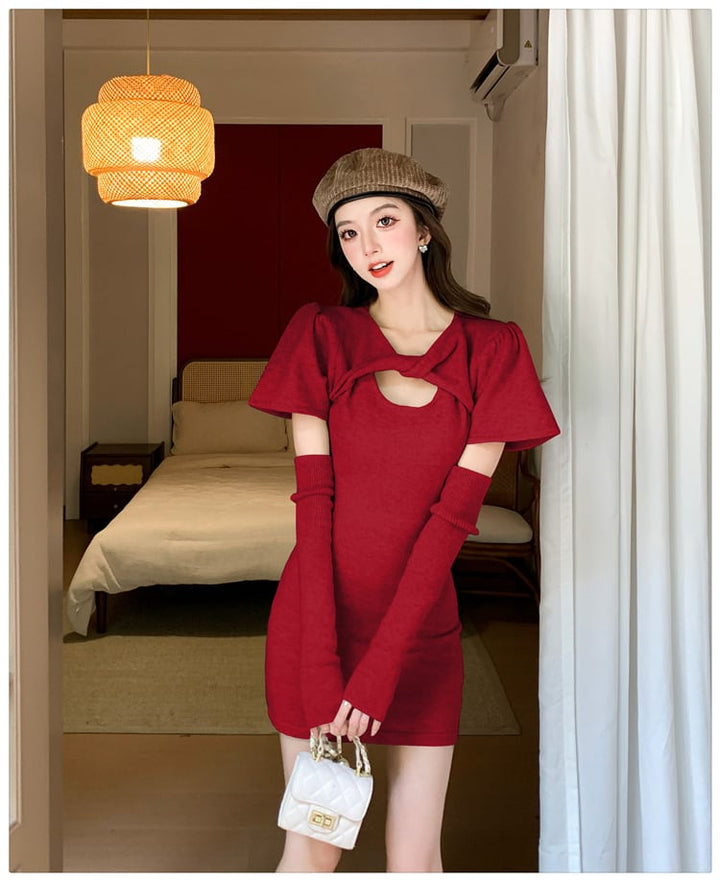 【dress】ニットワンピースアームカバー付き　M26583