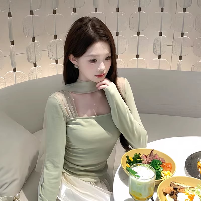 【tops】チュールドッキングニットトップス Q7705