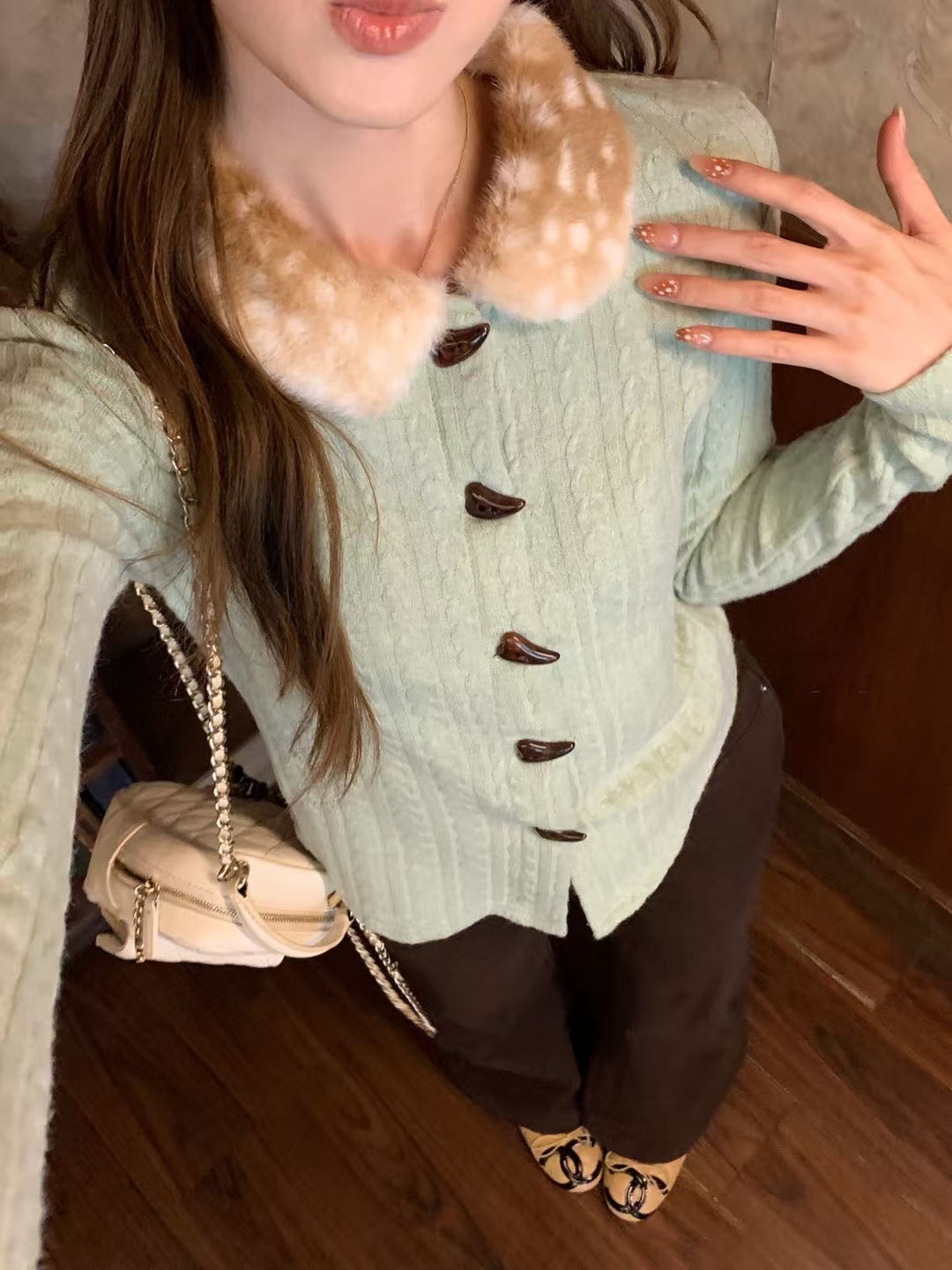 【outer】ファーネックニットカーディガン K0666