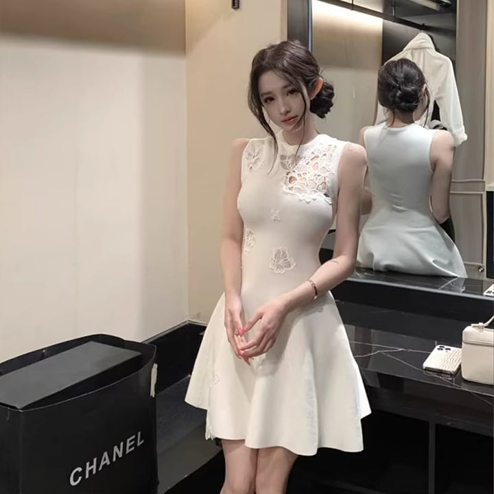 【dress】ノースリーブレースドッキングフレアニットワンピース Q7795