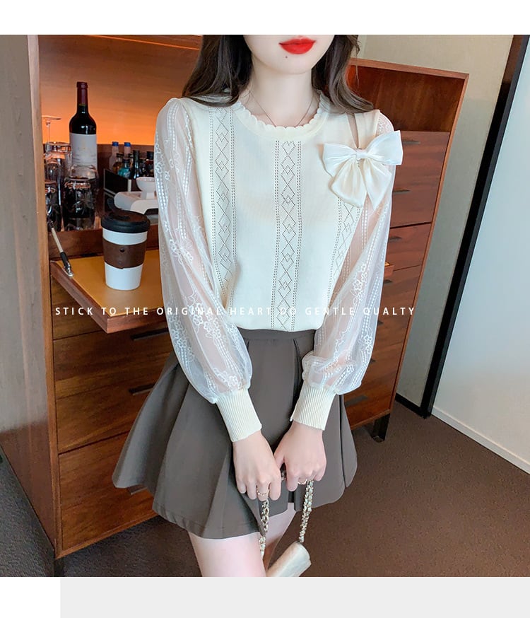 【tops】優しい雰囲気リボン付きレース切り替えトップス　M17185
