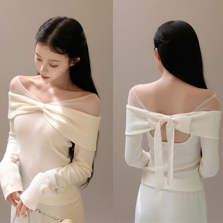 【tops】チュールドッキングリボンニットトップス　N3490