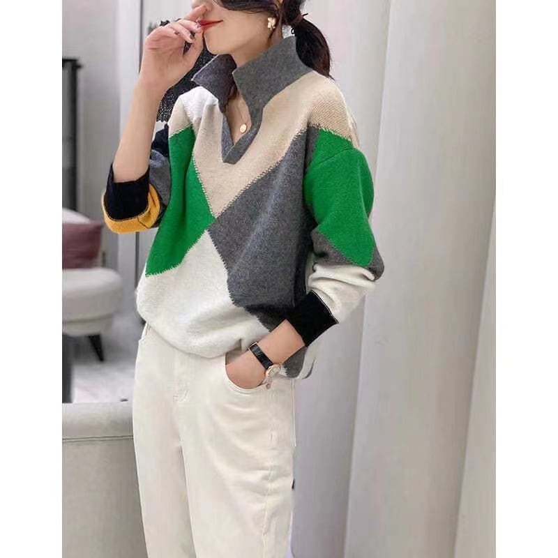 【tops】POLOネック配色ニットセーター　M18165