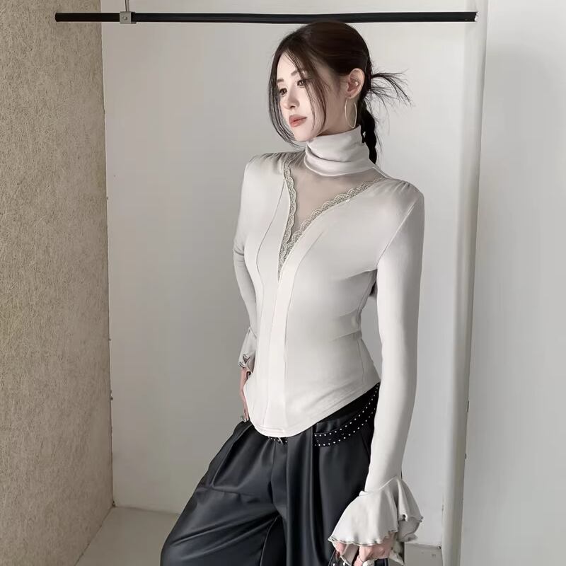 【tops】ハイネックチュールドッキングトップス Q8054