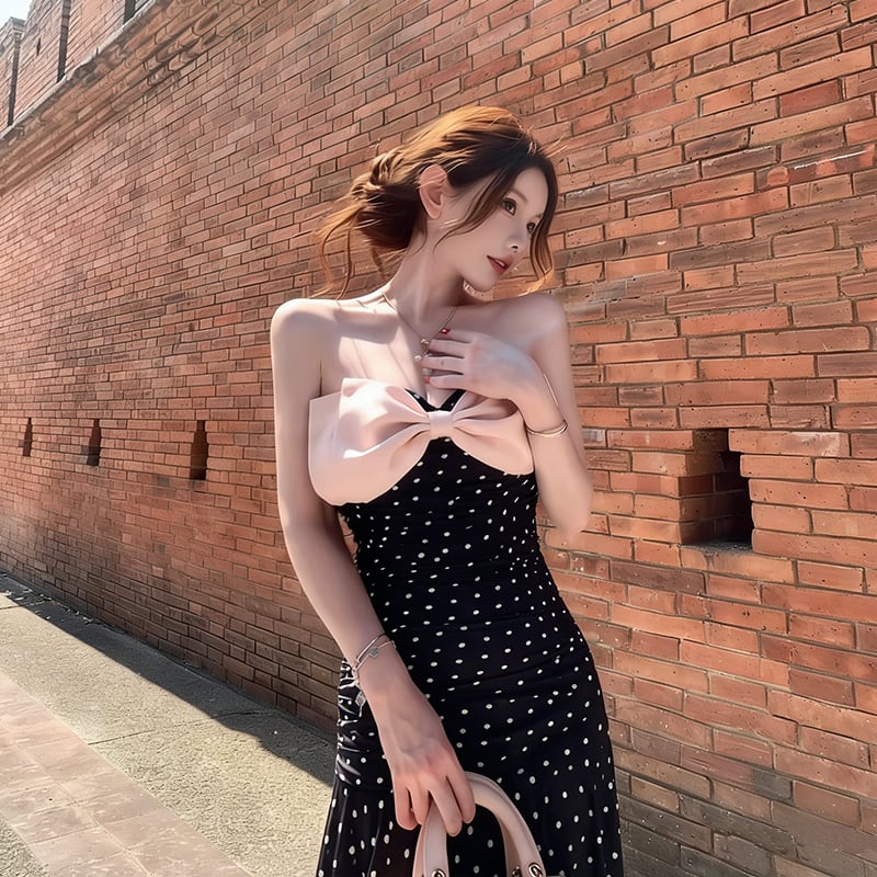 【dress】ドット柄リボン付きロングワンピース Q8374