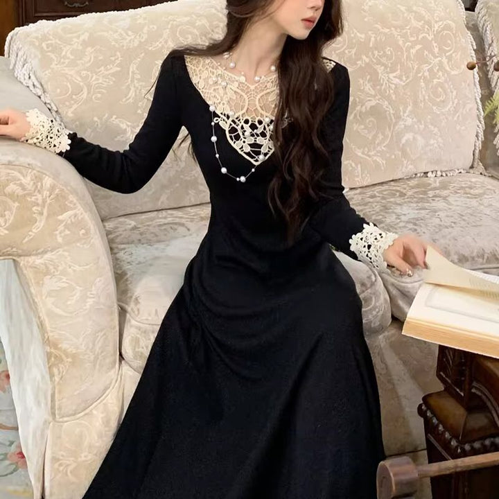 【dress】レースドッキングニットワンピース Q6862