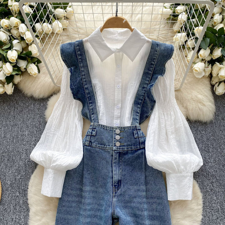 【set】シャツトップス×サロペットデニムパンツセット　M29710