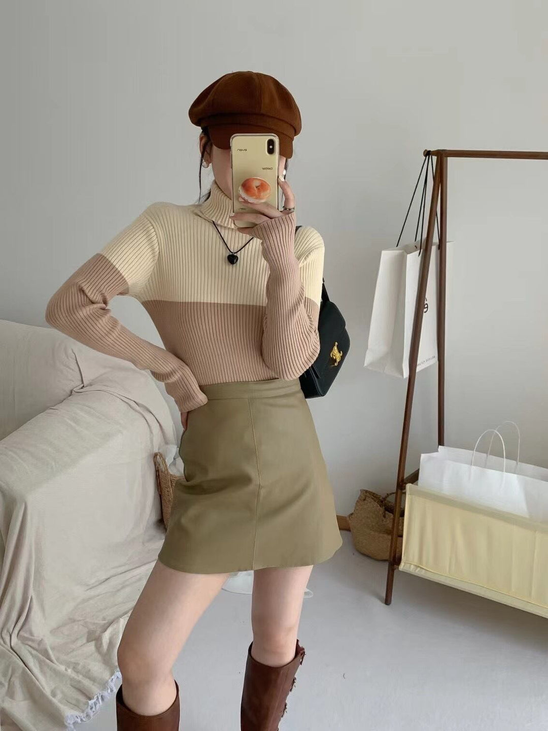 【tops】配色ハイネックニットプルオーバー　M18923