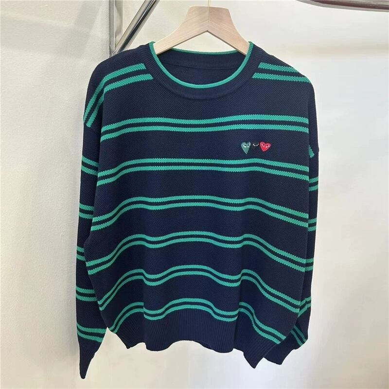 【tops】刺繡ボーダー柄ニットセーター　N2090