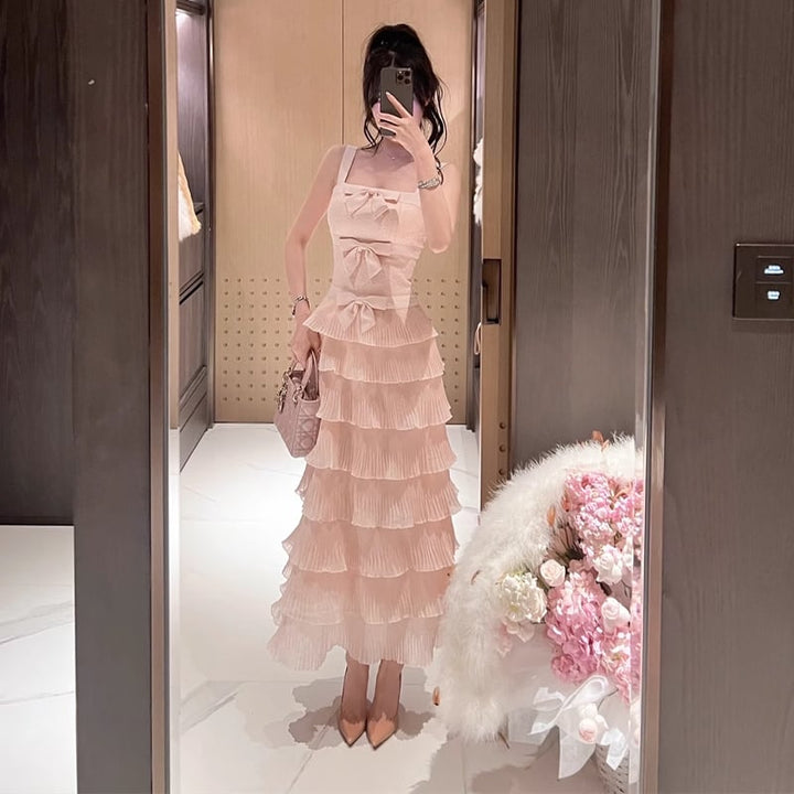 【dress】リボン付きティアードキャミワンピース Q7679