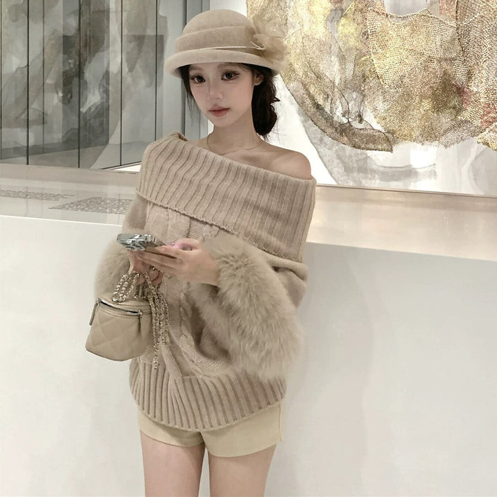 【tops】2WAY袖ファーオフショルニットトップス　N3378