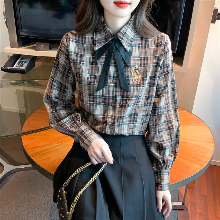 【tops】気質満点大人可愛いリボン付きチェック柄シャツ　M17329