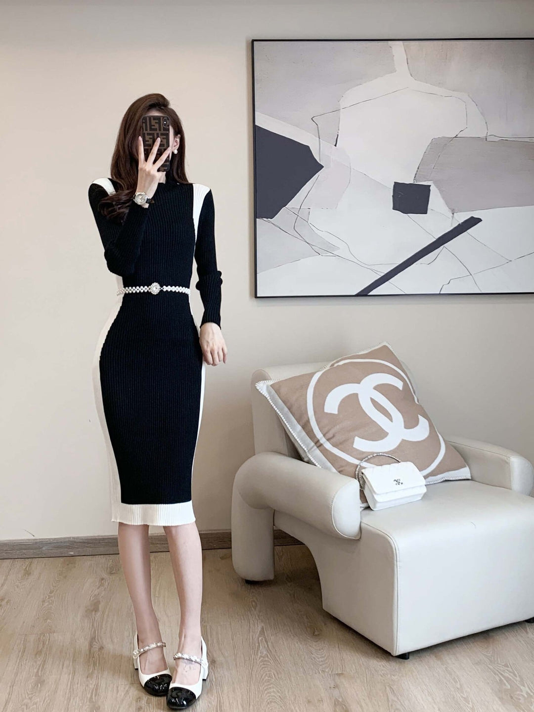 【dress】配色切り替えニットワンピースベルト付き　M17676