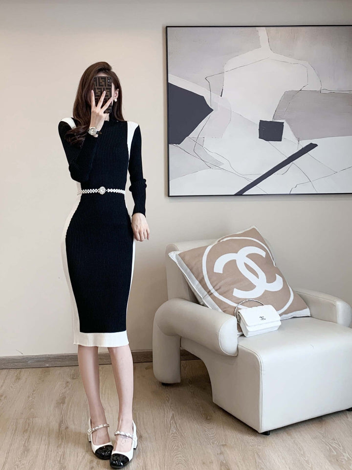 【dress】配色切り替えニットワンピースベルト付き　M17676