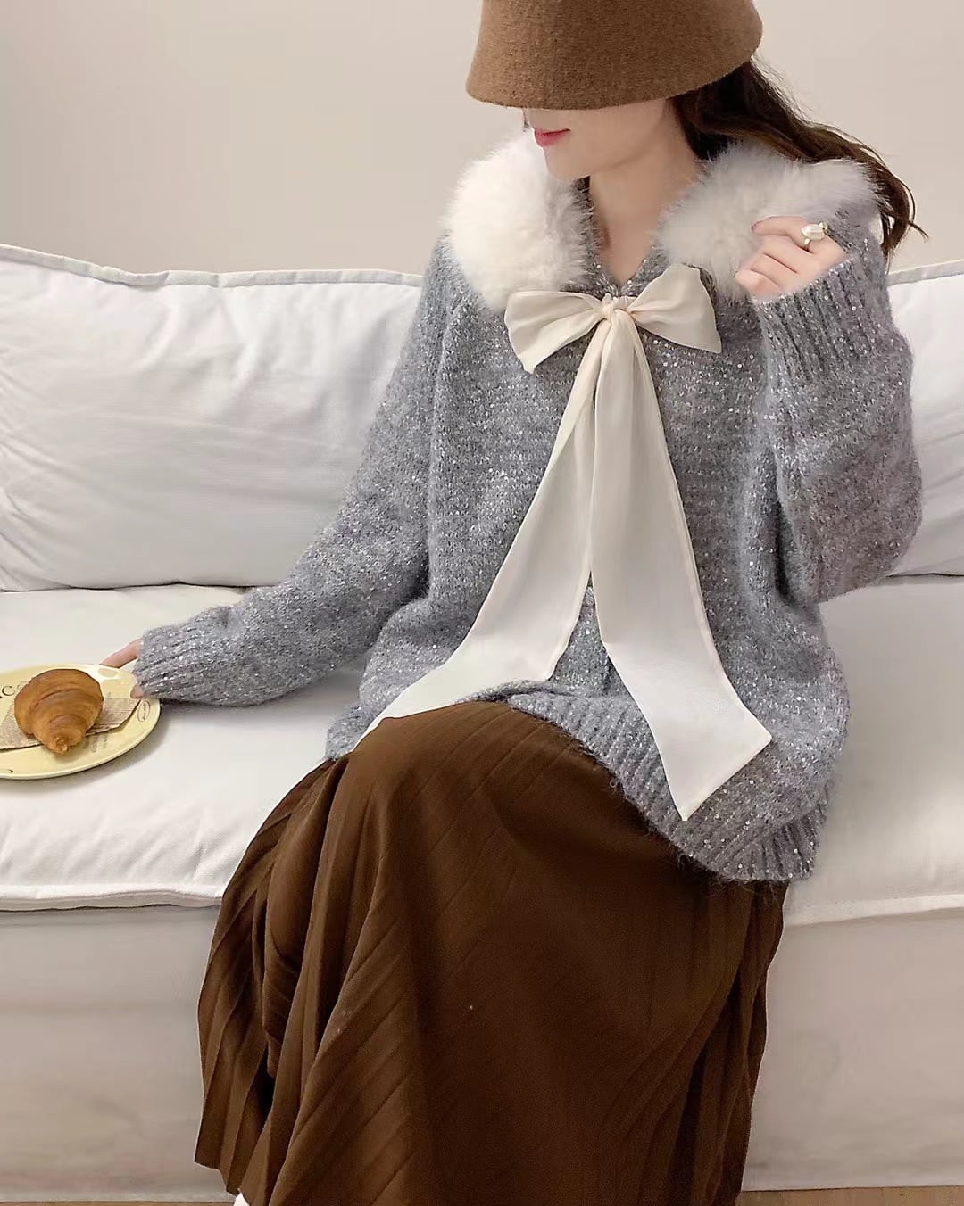 【outer】ファー付きニットカーデ　M28080