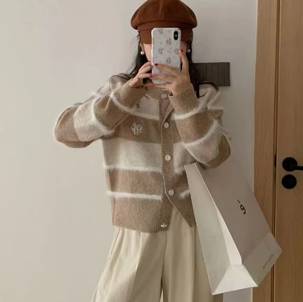 【outer】ボーダー柄ニットカーデ　M26553