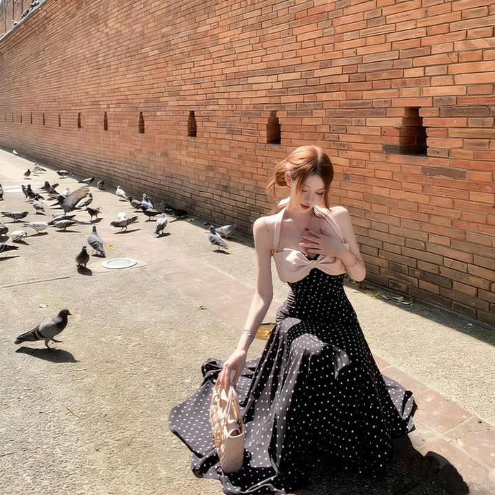【dress】ドット柄リボン付きロングワンピース Q8374