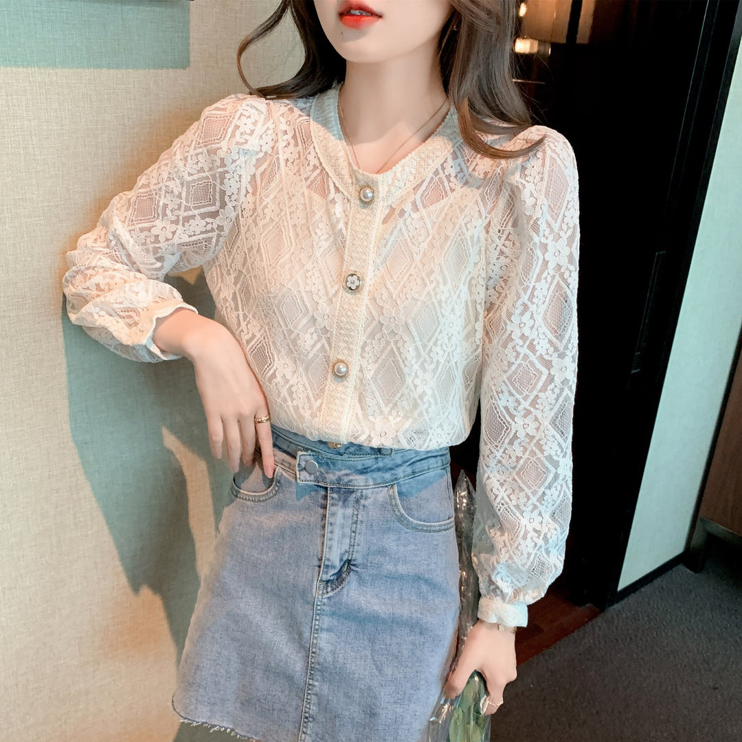 【tops】優しい雰囲気レース切り替えシャツトップス　M16771