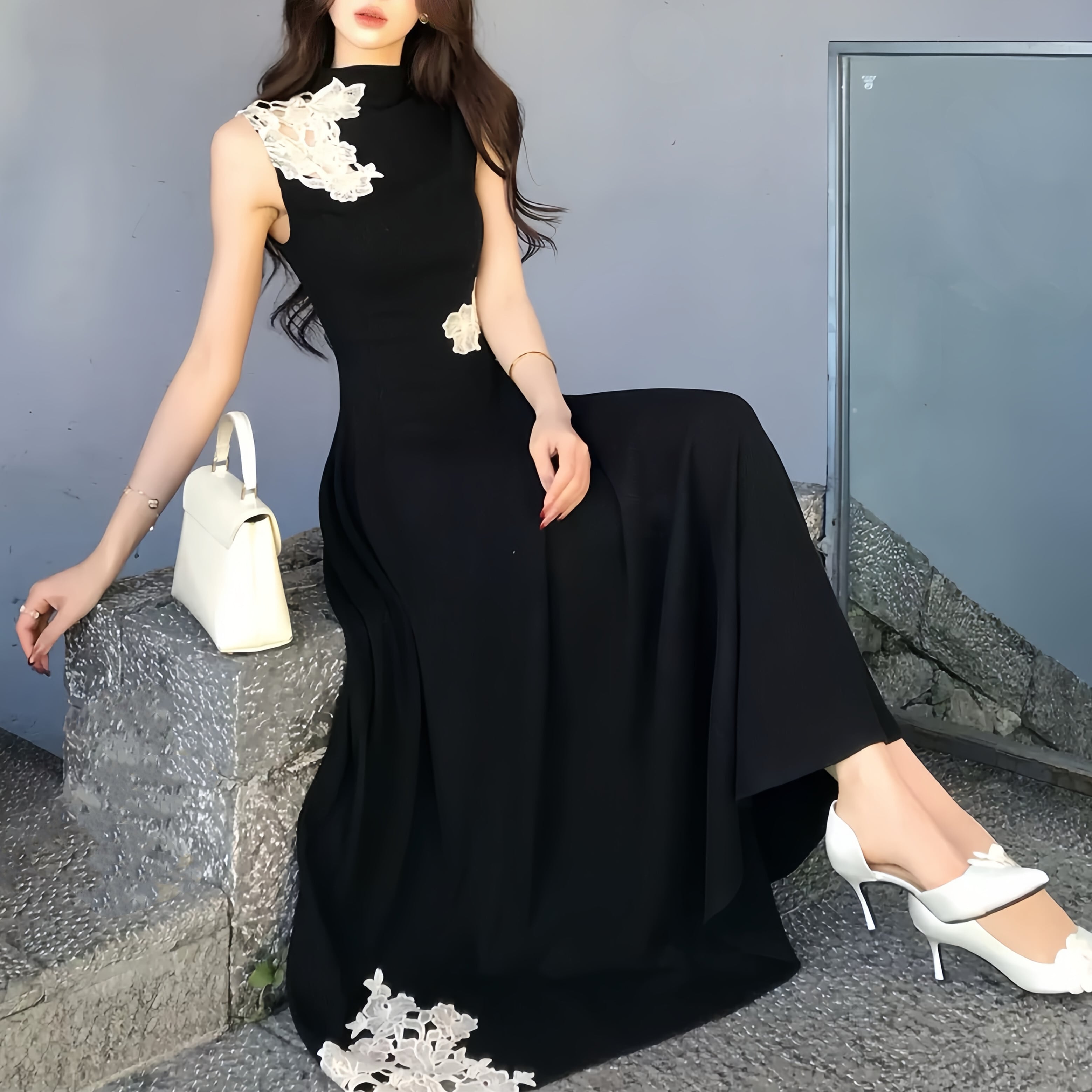 dress】レースドッキングノースリーブニットワンピース Q8403 – NANASTYLE