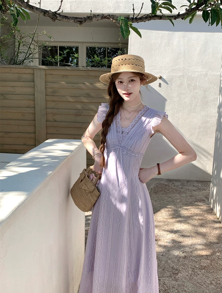 【dress】レースドッキングフラッタースリーブロングワンピース Q8531