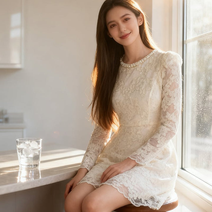 【dress】パール付きレースワンピース Q7493