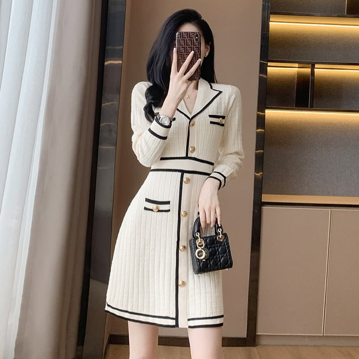 【dress】気質満点 エレガントVネックニットワンピース　M17508