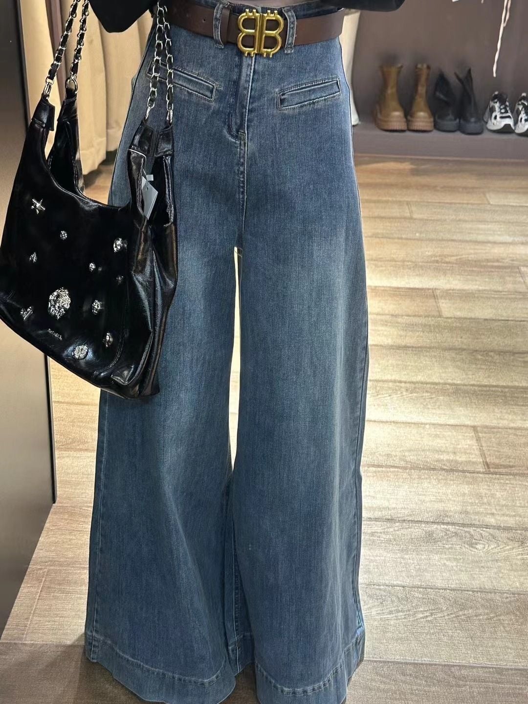 【bottoms】ハイウエストデニムワイドパンツ　M29718