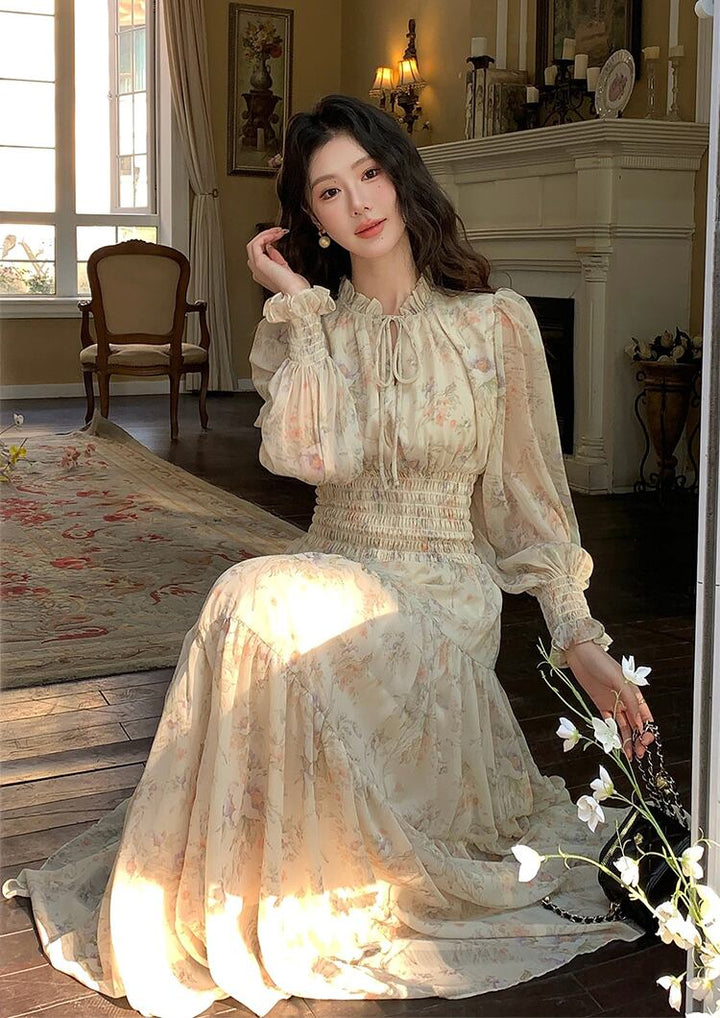 【dress】フラワー柄シフォンAラインロングワンピース Q7978