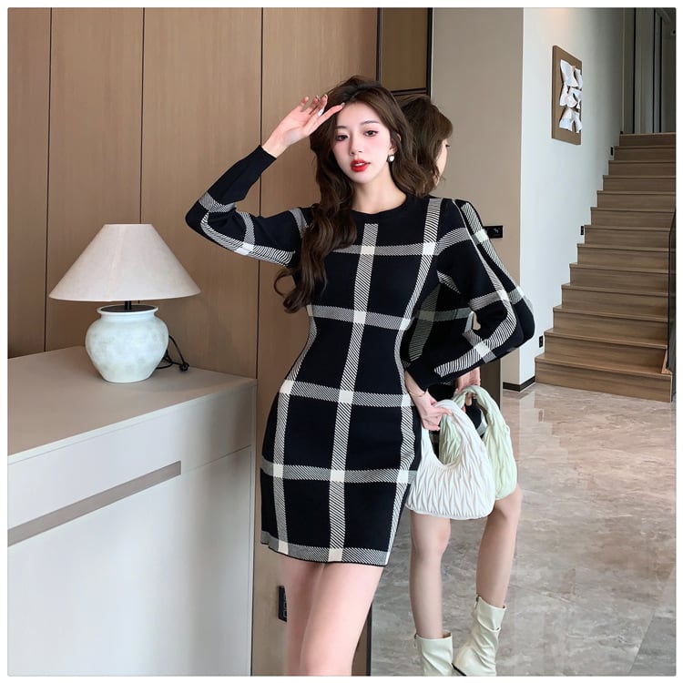【dress】韓国系チェック柄ニットワンピース着瘦せ　M17626