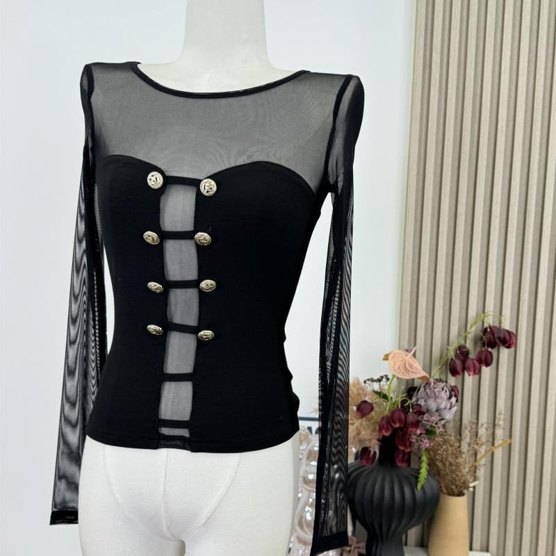 【tops】透け感チュールドッキングニットトップス Q7956