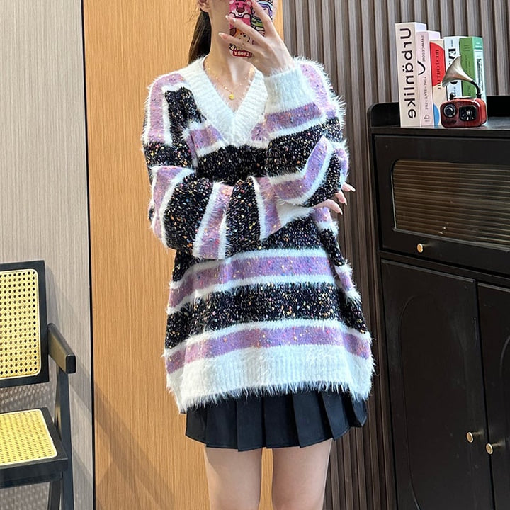 【tops】ボーダー柄Vネックニットセーター　M18049